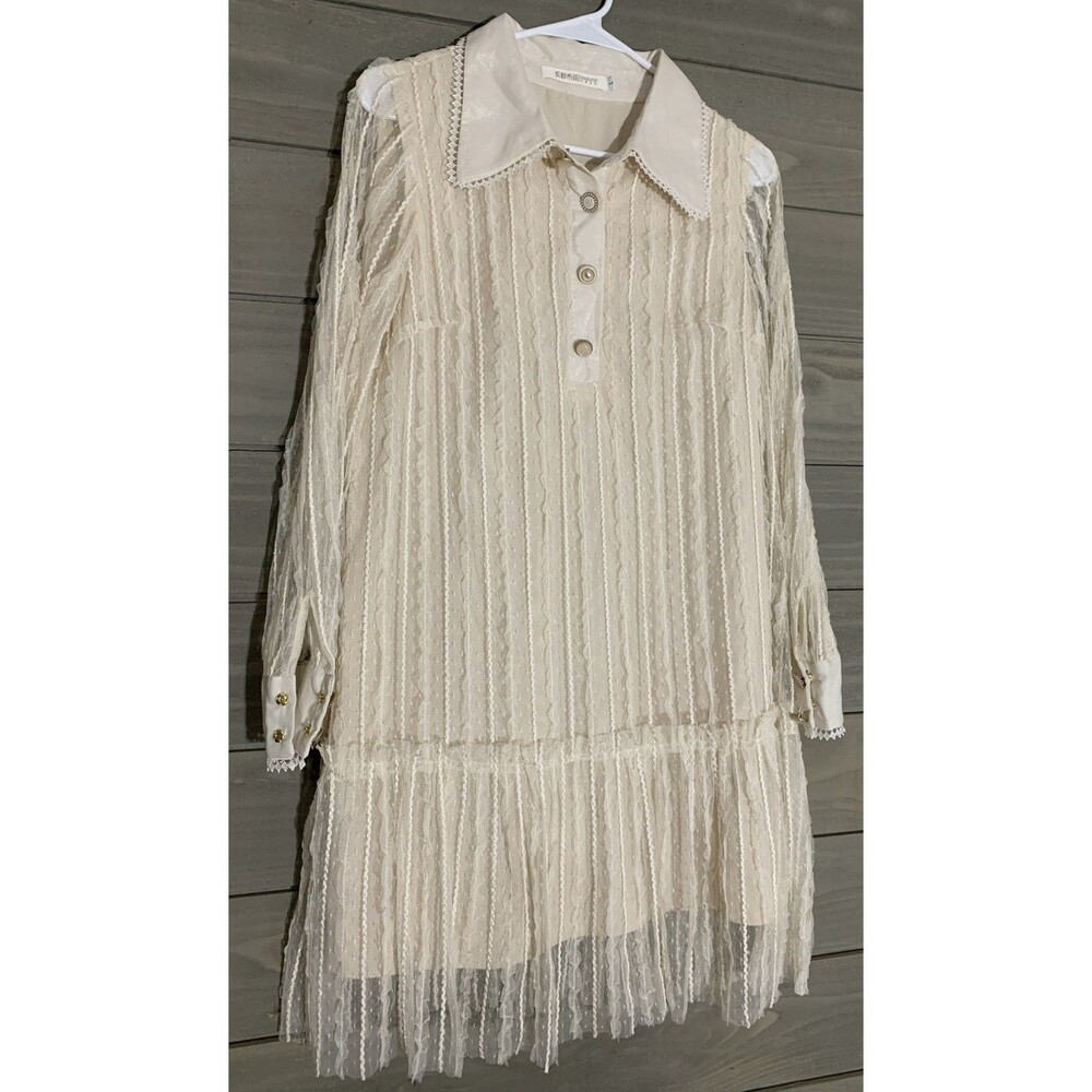 Isabuffei Lace Shirt Dress Drop Waist Womens L Pearl Buttons Bridal Wedding